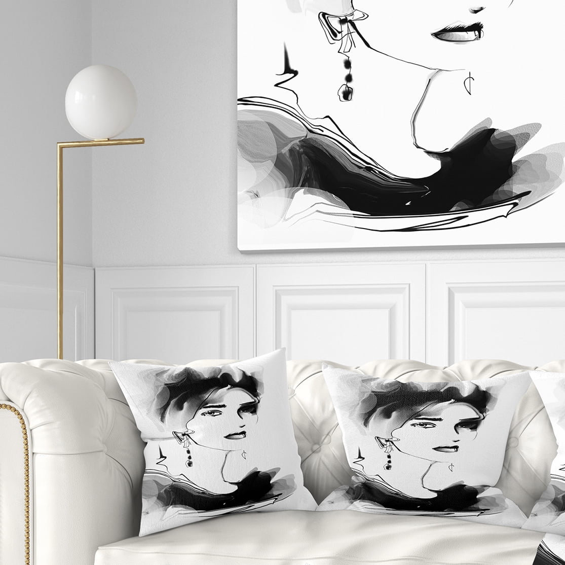 Designart Pretty Woman Black - Abstract Portrait Throw Pillow - 18x18