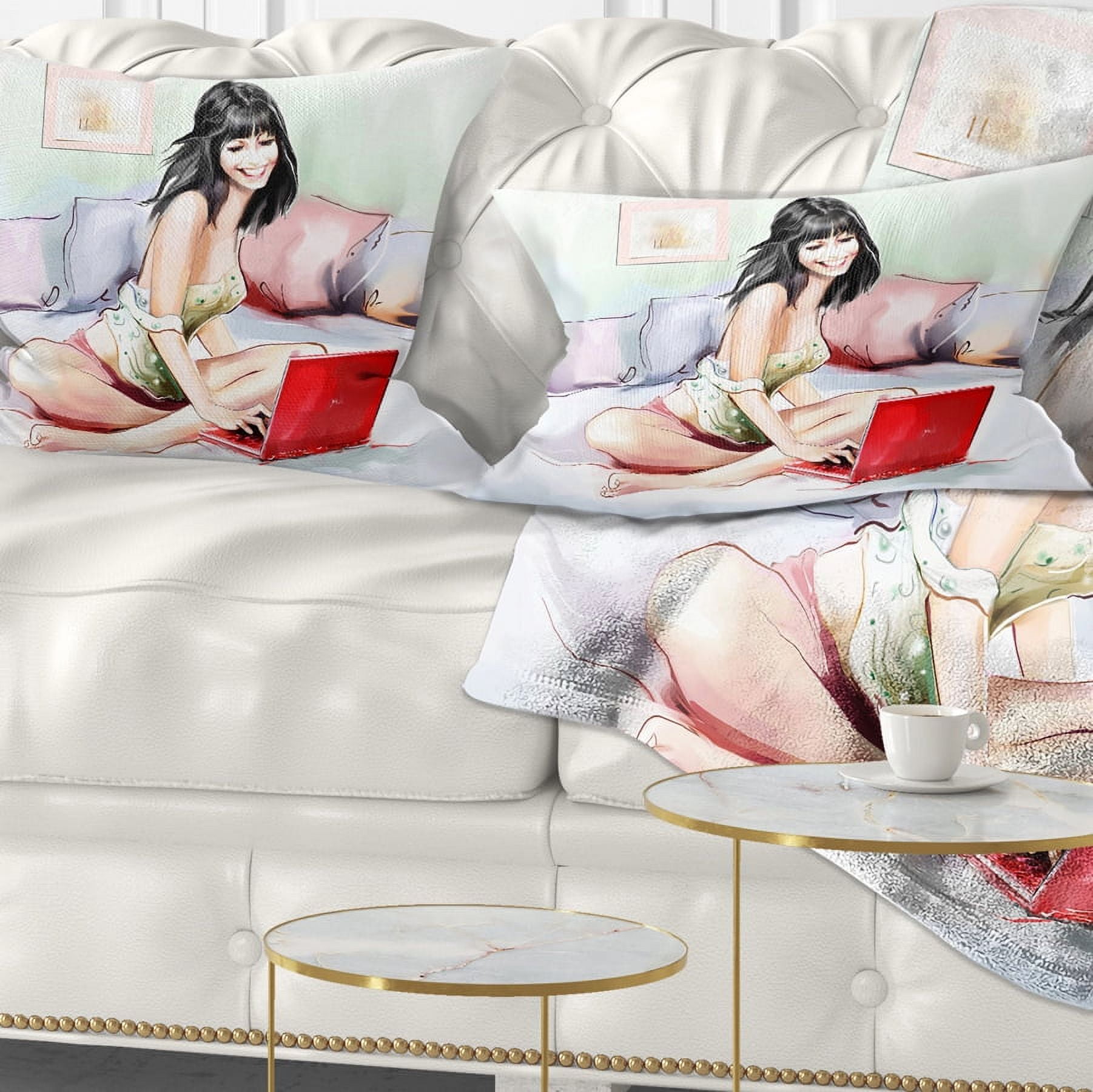 Designart Pretty Woman with Laptop - Portrait Throw Pillow - 12x20