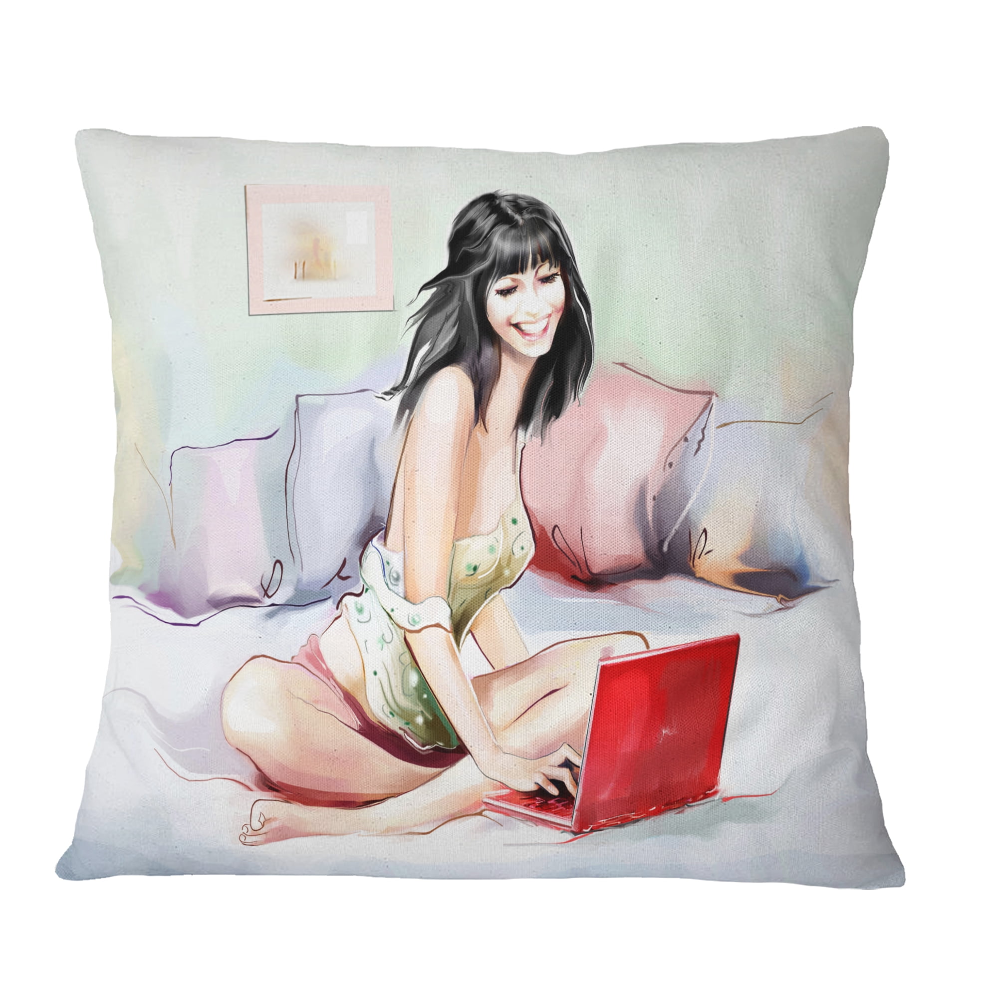 Designart Pretty Woman with Laptop - Portrait Throw Pillow - 16x16