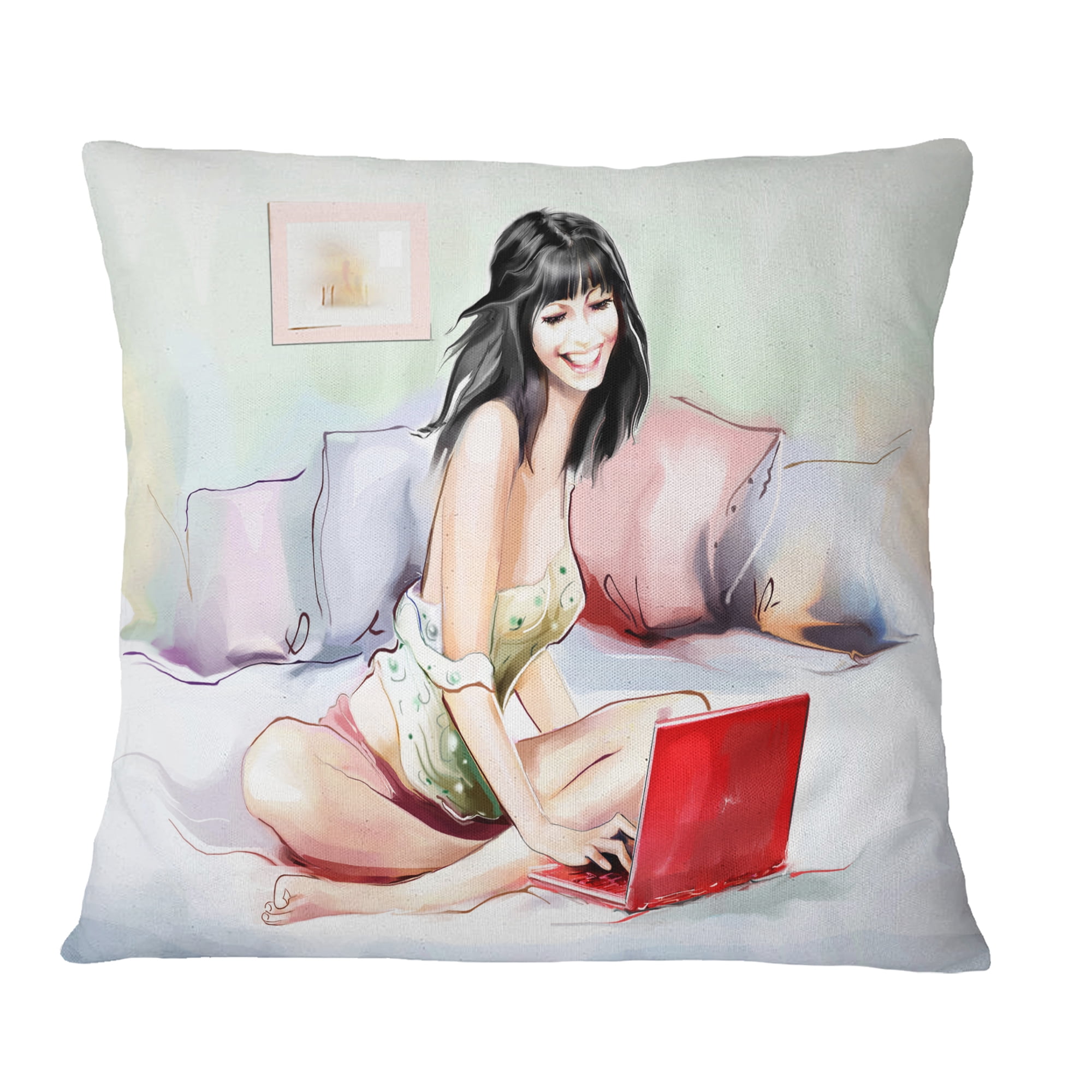 Designart Pretty Woman with Laptop - Portrait Throw Pillow - 18x18