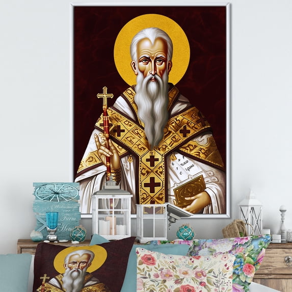 Designart "Priest In Golden Robes I" Religious Portrait Floater Framed Wall Art Living Room