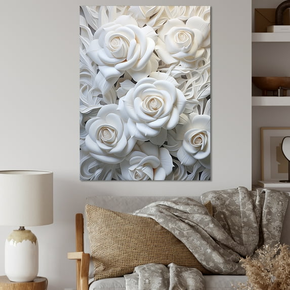 Designart "Pristine White Rose Devotion I" Roses Wall Art Living Room