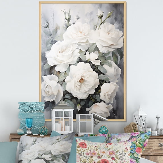 Designart "Pristine White Rose Devotion" Roses Floater Framed Wall Art Prints