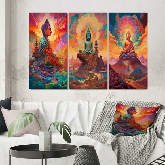 Designart "Psychedelic Buddha Amidst Mountain Serenity V" Buddhism Wall Art Set Of 3 - Traditional Pink Canvas Set For Living Room Decor