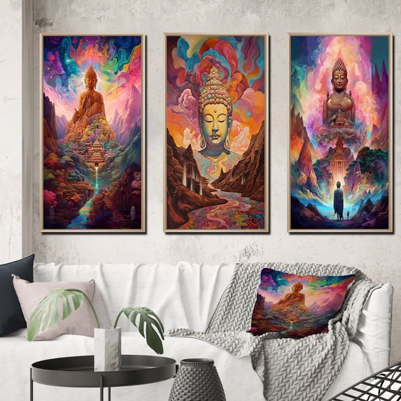 Designart "Psychedelic Buddha Amidst Mountain Serenity VII" Buddhism Framed Wall Art Set Of 3 - Pink Traditional Frame Canvas Set For Living Room Decor