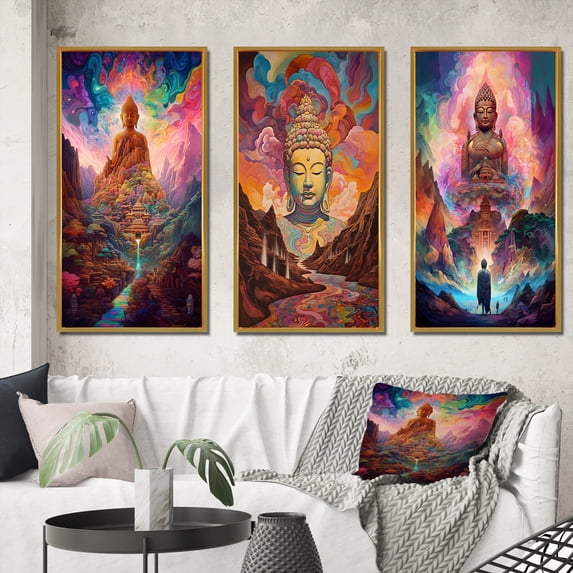 Designart "Psychedelic Buddha Amidst Mountain Serenity VII" Buddhism Framed Wall Art Set Of 3 - Pink Traditional Frame Canvas Set For Living Room Decor