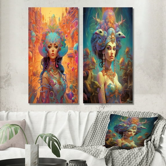 Designart "Psychedelic Elegance Exquisite Goddess II" Fashion Woman Wall Art Set Of 2 - Glam Pink Gallery Wall Set For Home Decor