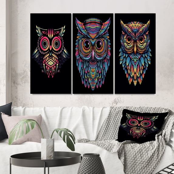 Designart "Psychedelic Owl Portrait Vibrant and Mysterious II" Animals Owl Wall Art Set Of 3 - Owl Blue Gallery Set For Office Decor