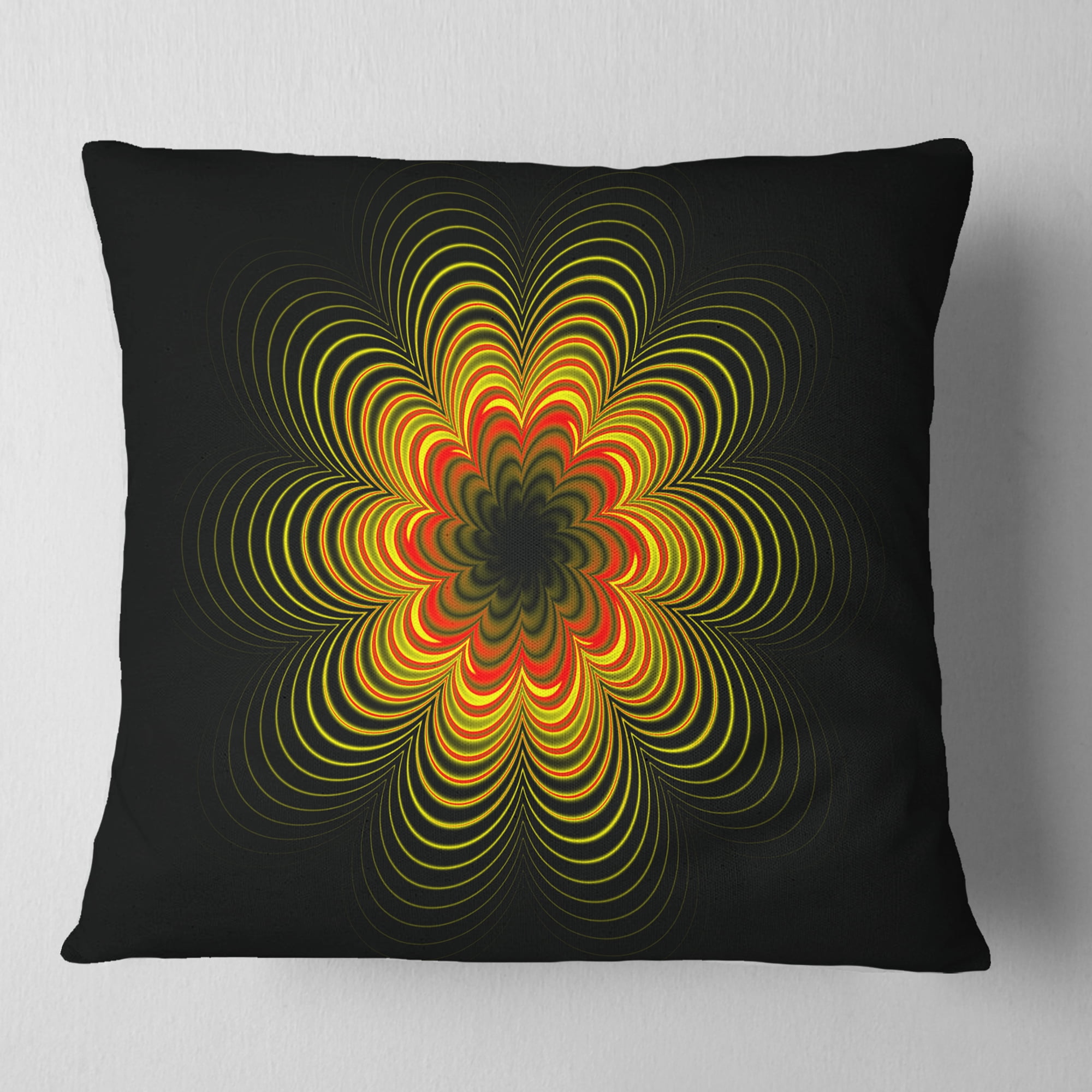 Designart Psychedelic Yellow Fractal Flower - Floral Throw Pillow - 16x16