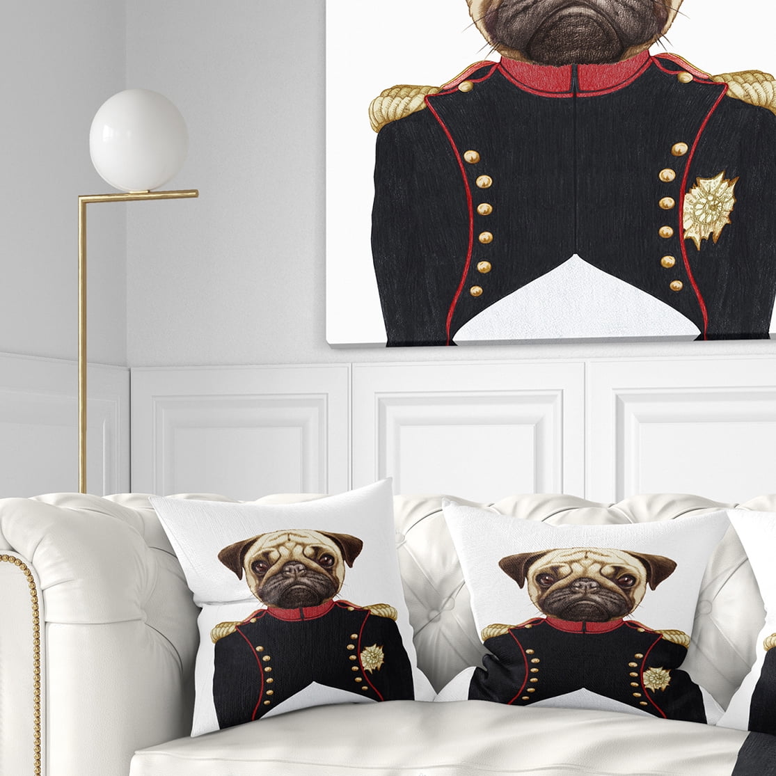 Designart Pug Dog in Military Uniform - Animal Throw Pillow - 16x16