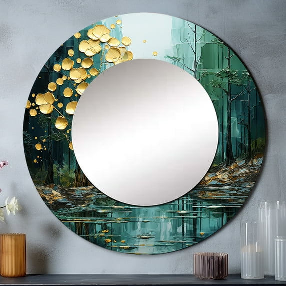 Designart "Pulse River Drip Natures art painting I" Forest Rund Mirror For Wall Decor - Large Gold Round Print Mirror - Round Cottage Mirror 23" x 23" Inch - Wall Mounted Round Large Mirror