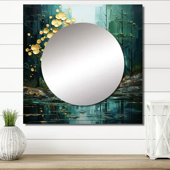 Designart "Pulse River Drip Natures art painting I" Landscapes Square Mirror For Wall Decor - Large Gold Square Printed Wall Mirror Art - Wall Mounted Square Large Mirror