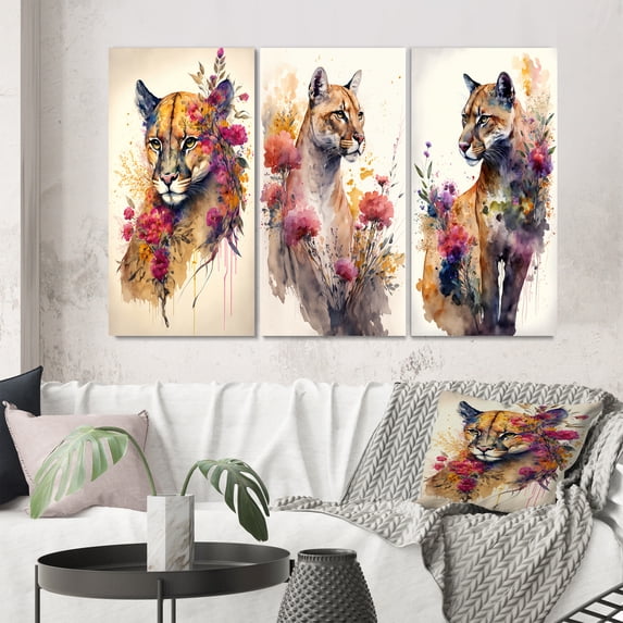 Designart "Puma Amidst Blooms II" Animals Wall Art Set Of 3 - Puma Multicolor Gallery Wall Set For Home Decor