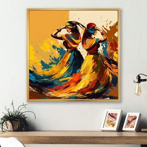 Designart "Punjabi Bhangra Indian Art" People Framed Wall Art - Traditional Yellow Indian Art Entryway Framed Wall Art Print