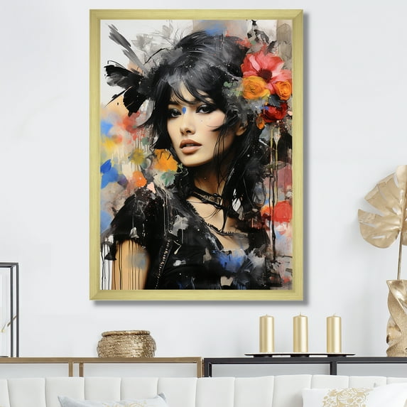Designart "Punk Couture Woman Portrait" Inspirational Framed Wall Art - Glam Black Fashion Hallway Framed Wall Art Decor