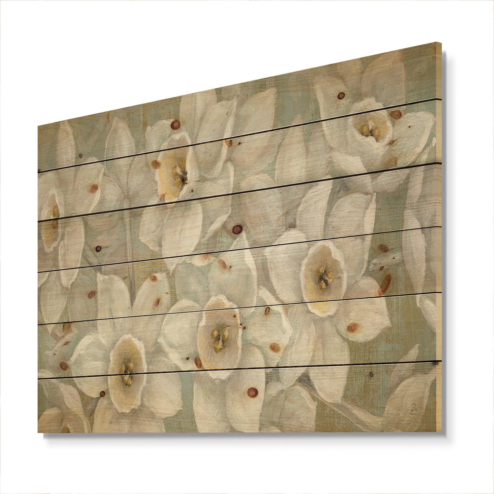 Designart 'Pure White Pastel Flowers' Farmhouse Print on Natural Pine Wood