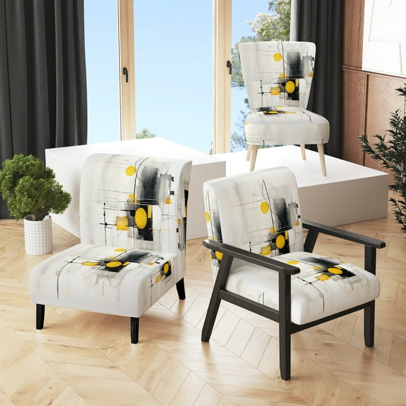 Designart "Purity of Form Grey Yellow Minimalism IV" Grey Abstract Collages Upholstered Accent Chair - Modern Arm Chair For Living Room