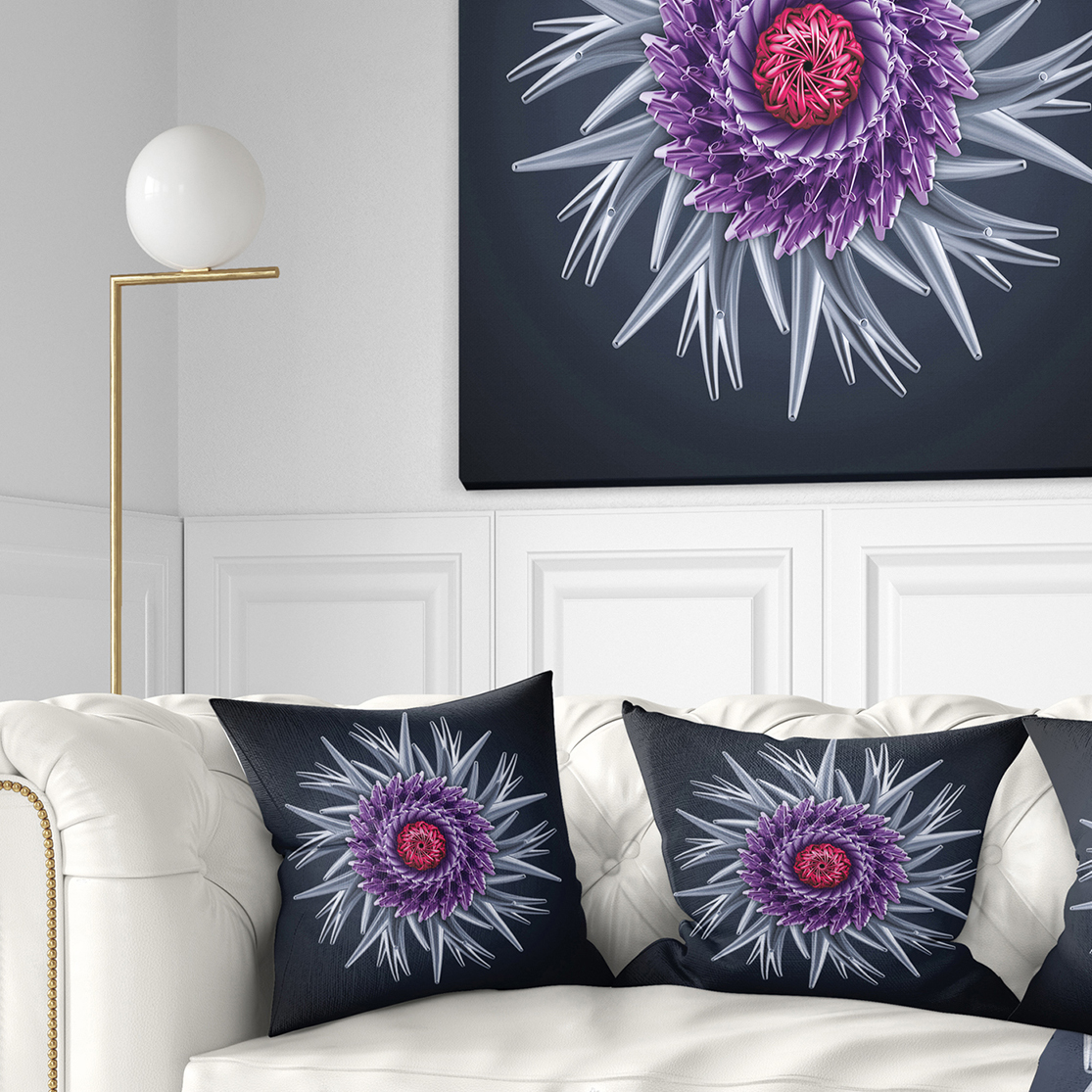 Designart Purple Abstract 3D Flower on Black - Flowers Throw Pillowwork - 16x16