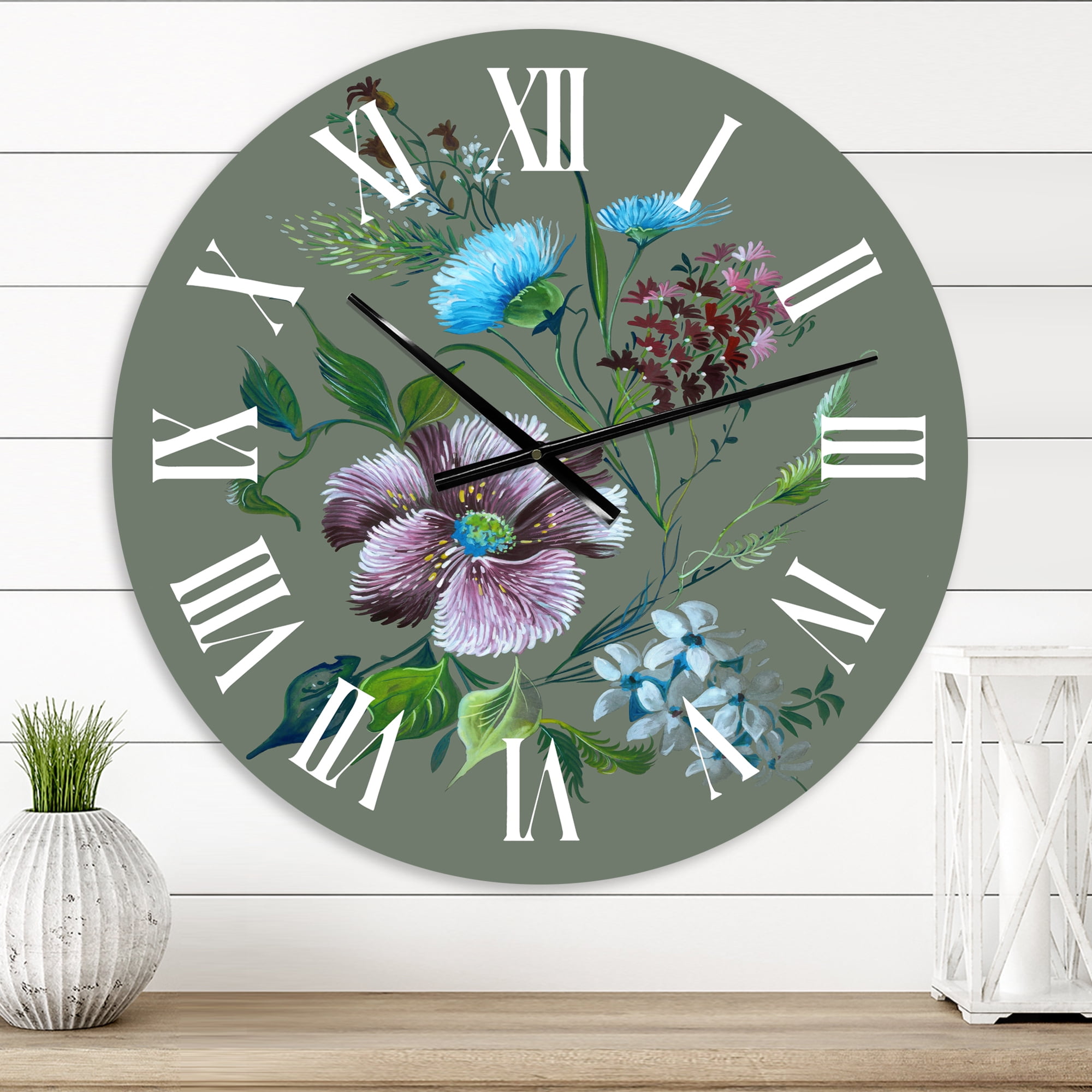 Designart 'Purple And Turquoise Spring Flowers' Traditional Wall Clock