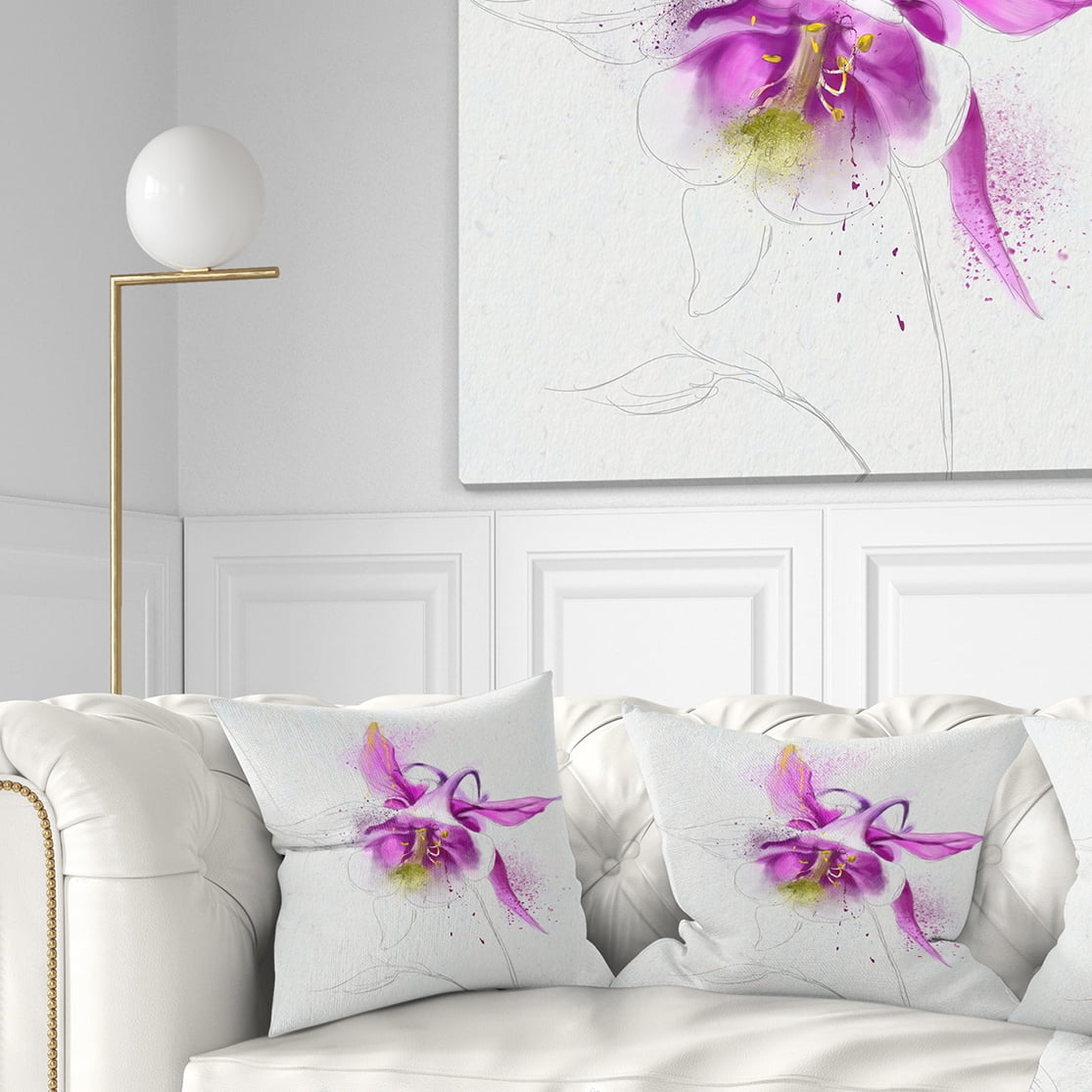 Designart Purple Aquilegia Watercolor Sketch - Floral Throw Pillow - 16x16