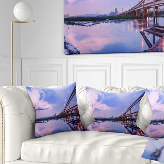 Designart Purple Beach with Pier - Seashore Photography Throw Pillow - 16x16
