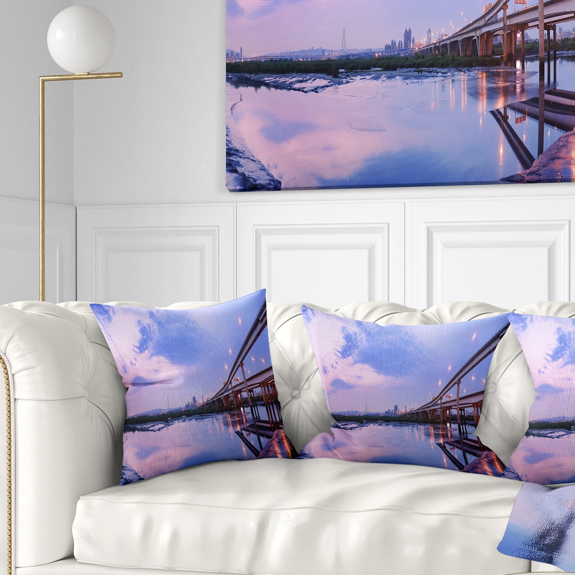 Designart Purple Beach with Pier - Seashore Photography Throw Pillow - 18x18