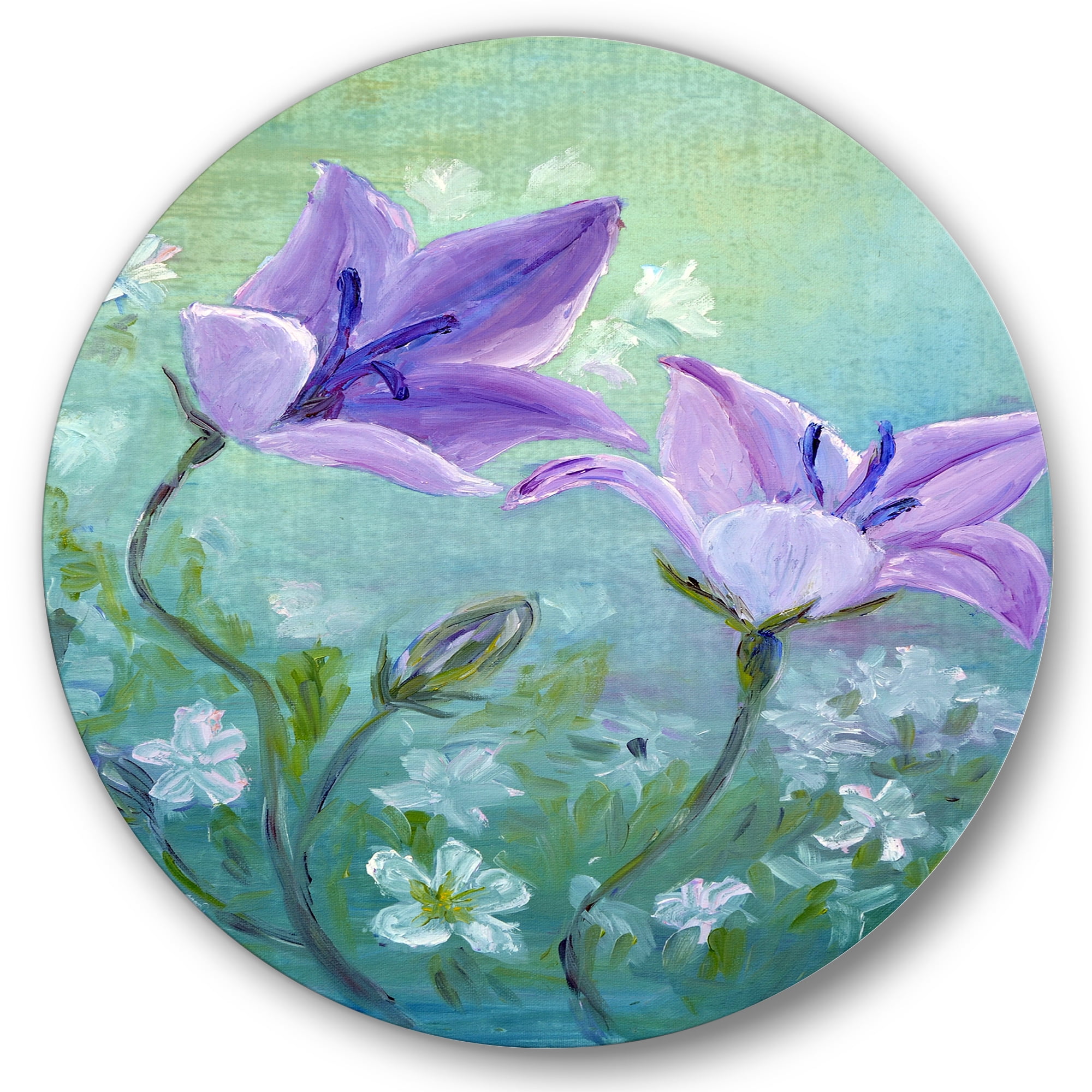 Designart 'Purple Bellflowers Blooming' Traditional Circle Metal Wall Art 11x11 - Disc of 11