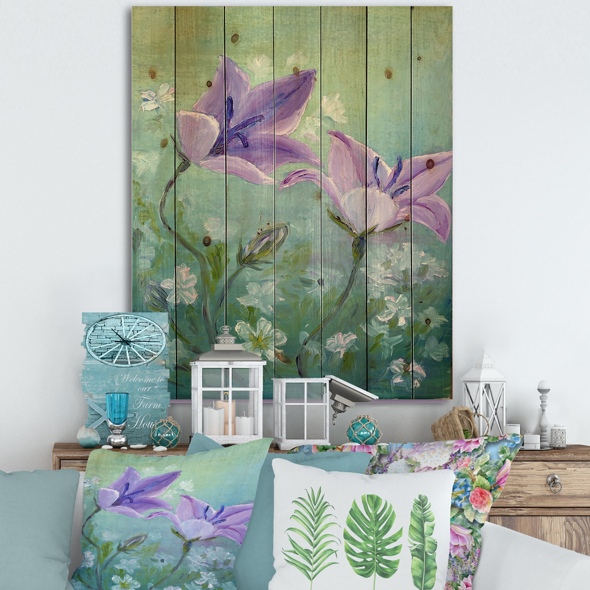 Designart 'Purple Bellflowers Blooming' Traditional Print on Natural Pine Wood