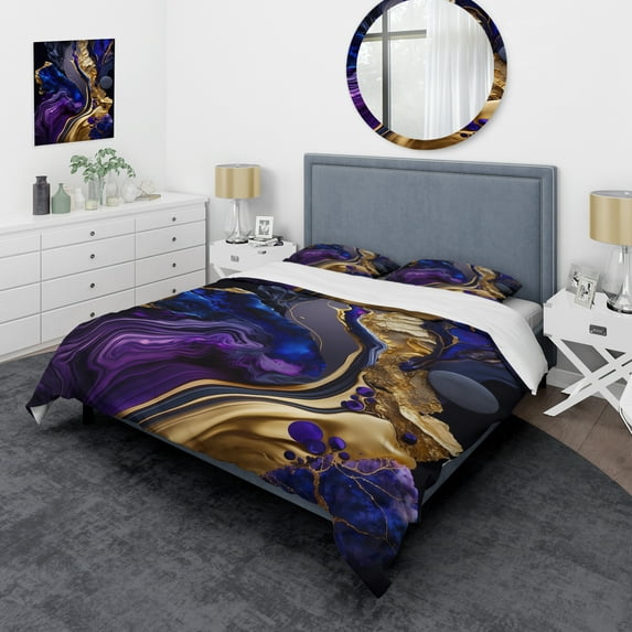 Designart "Purple & Blue Marbled Geode" Abstract Liquid Ink Bedding Covert Set - Modern Purple Abstract Bed Set With 1 Sham