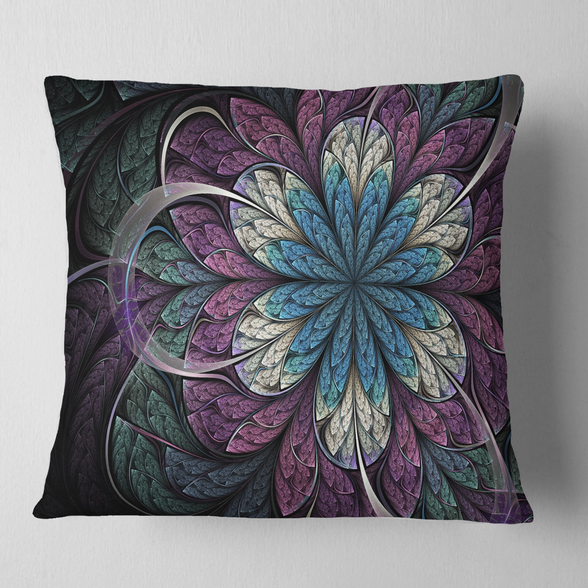 Designart Purple Blue Rounded Fractal Flower - Floral Throw Pillow - 16x16