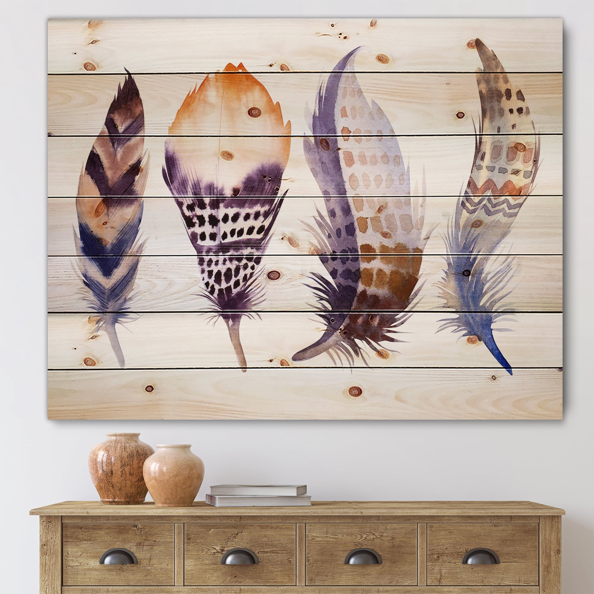 Designart 'Purple Boho Art Feathers' Bohemian & Eclectic Print on Natural Pine Wood