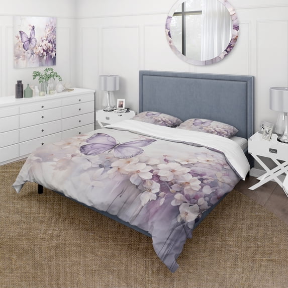 Designart "Purple Butterfly captivate Flight II" Animals Bedding Covert Set - Butterfly Purple Children's Art Bed Set With 2 Shams