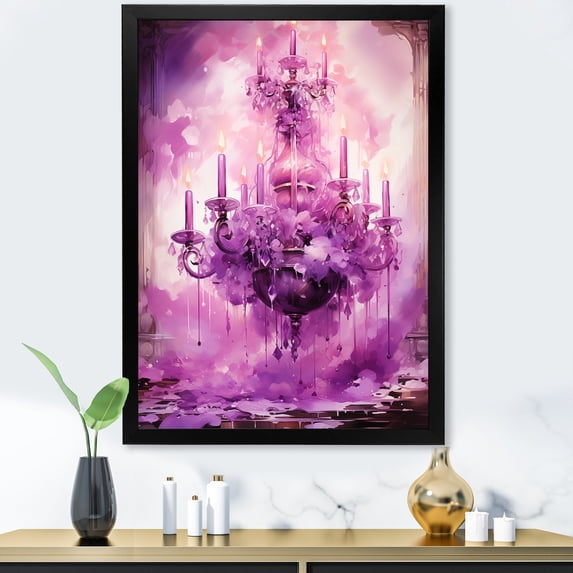 Designart "Purple Chandelier Elegance" Fashion Framed Wall Art - Glam Purple Chandelier Living Room Framed Canvas Art