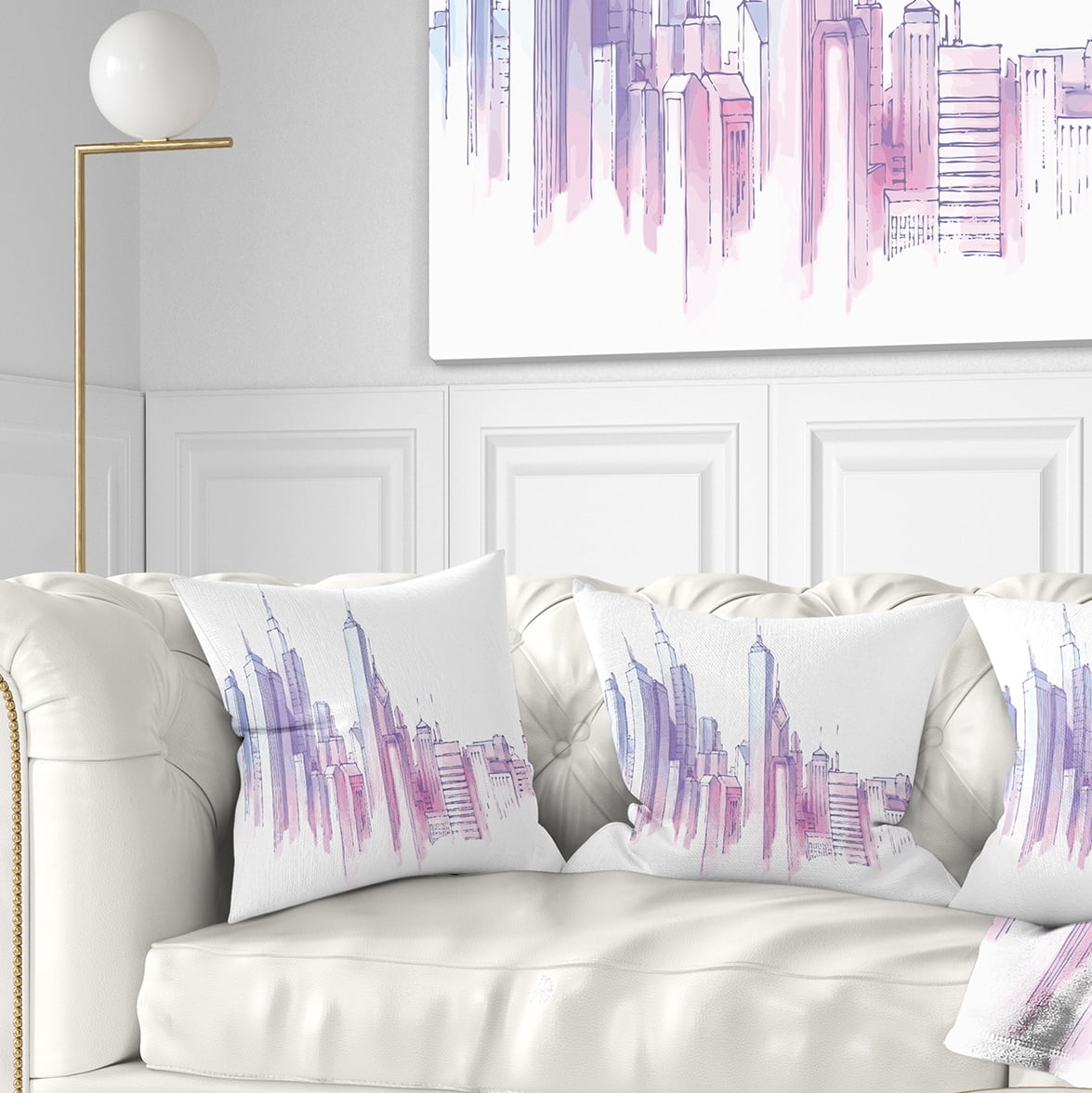 Designart Purple City Skyline - Cityscape Painting Throw Pillow - 16x16