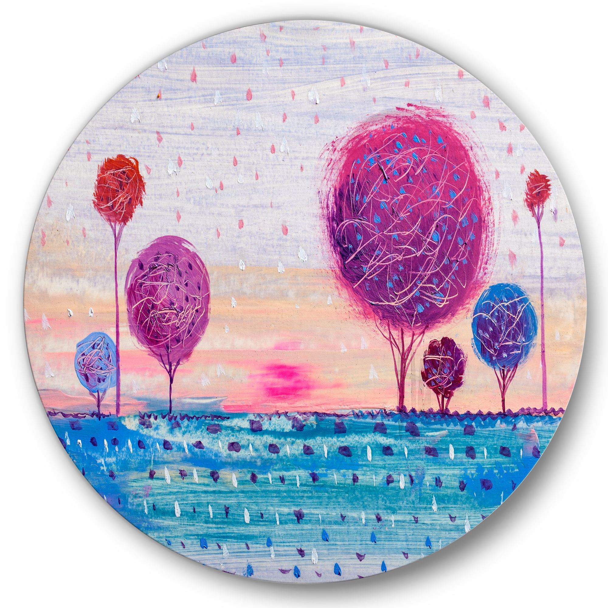 Designart 'Purple Coloured Tree Impression Landscape II' Modern Circle Metal Wall Art 11x11 - Disc of 11