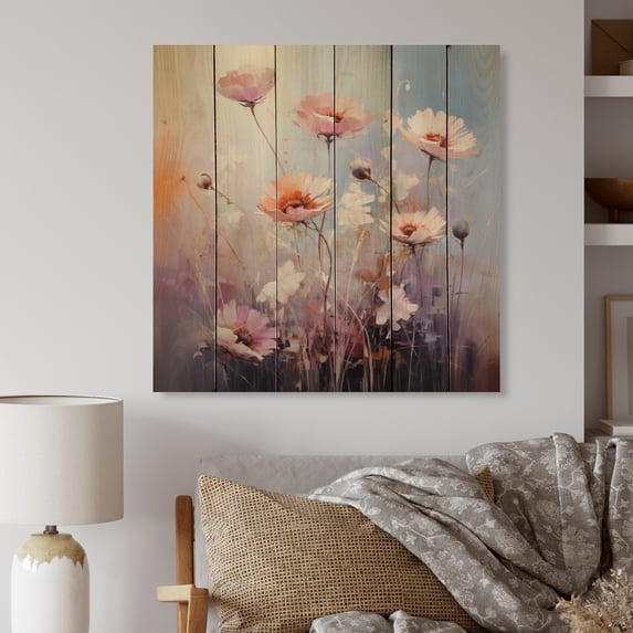 Designart "Purple Coral Herbs love expression III" Floral Print on Natural Pine Wood