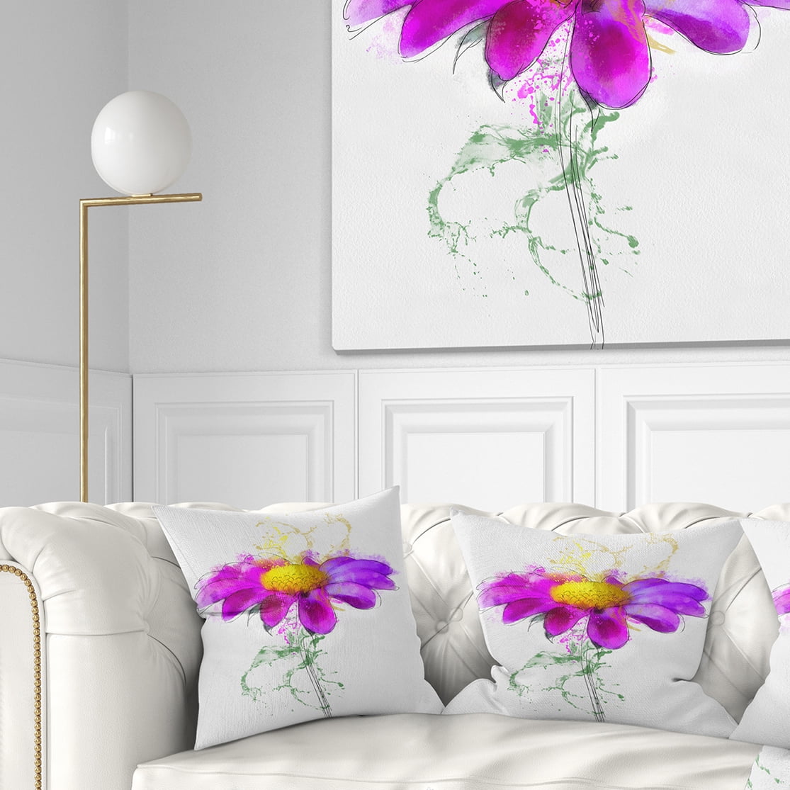 Designart Purple Daisy Flower with Stem - Flowers Throw Pillowwork - 16x16