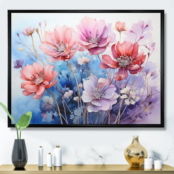 Designart "Purple Dreamy Flowers V" Abstract Botanicals Floater Framed Canvas Wall Art