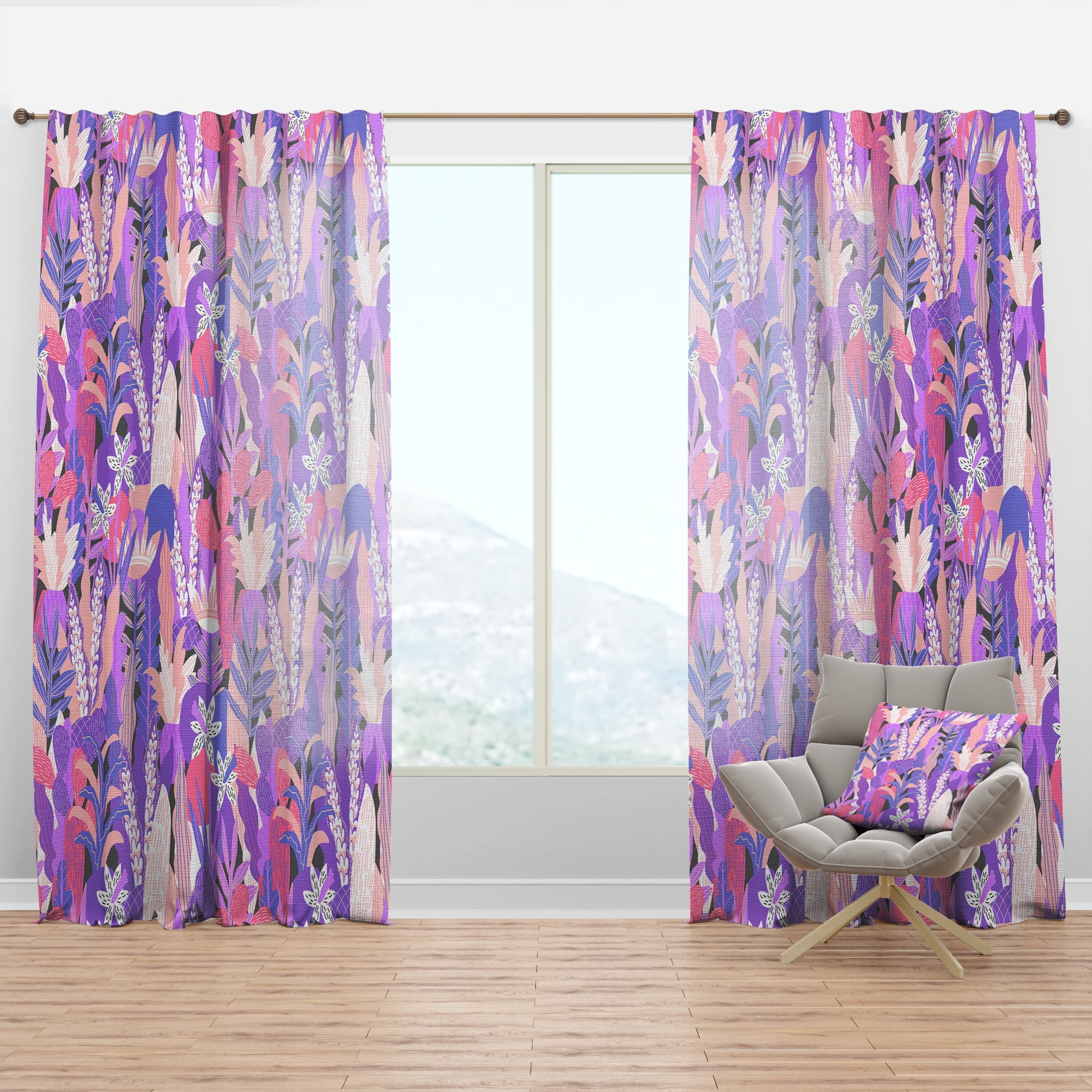 Designart 'Purple Fantasy Flowers' Mid-Century Modern Curtain Panel