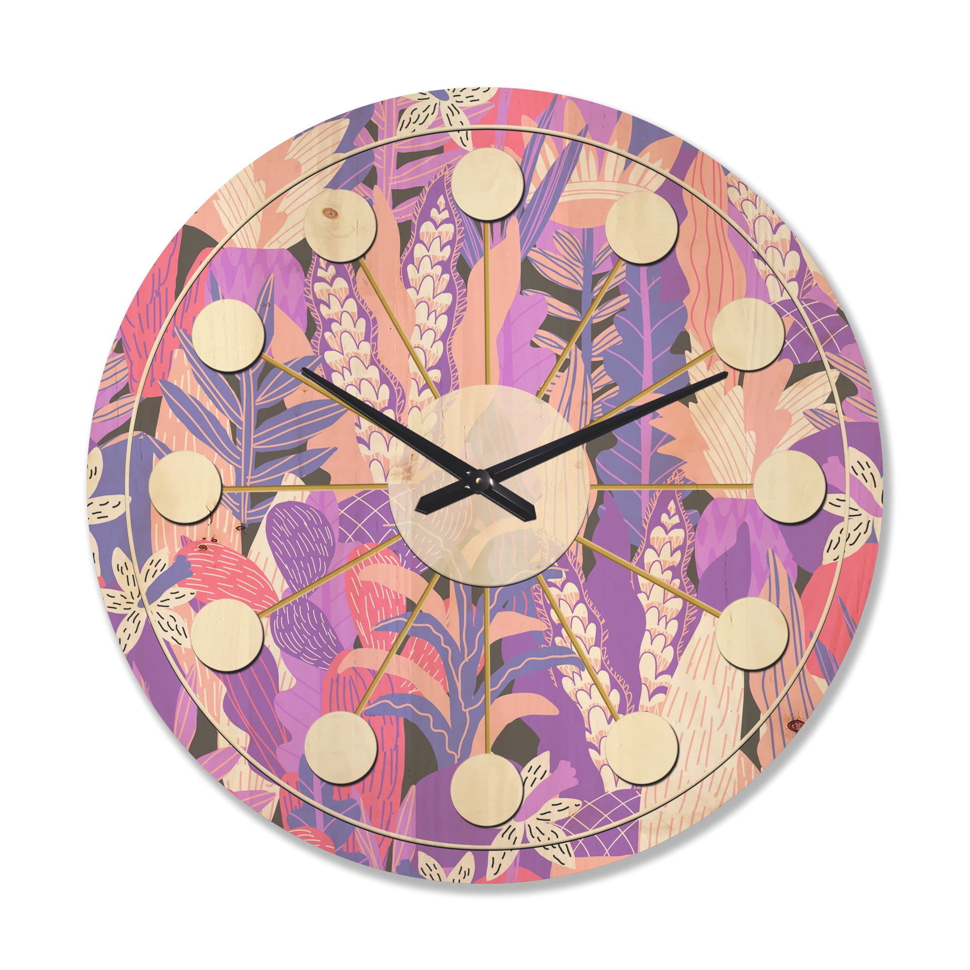 Designart 'Purple Fantasy Flowers' Mid-Century Modern Wood Wall Clock
