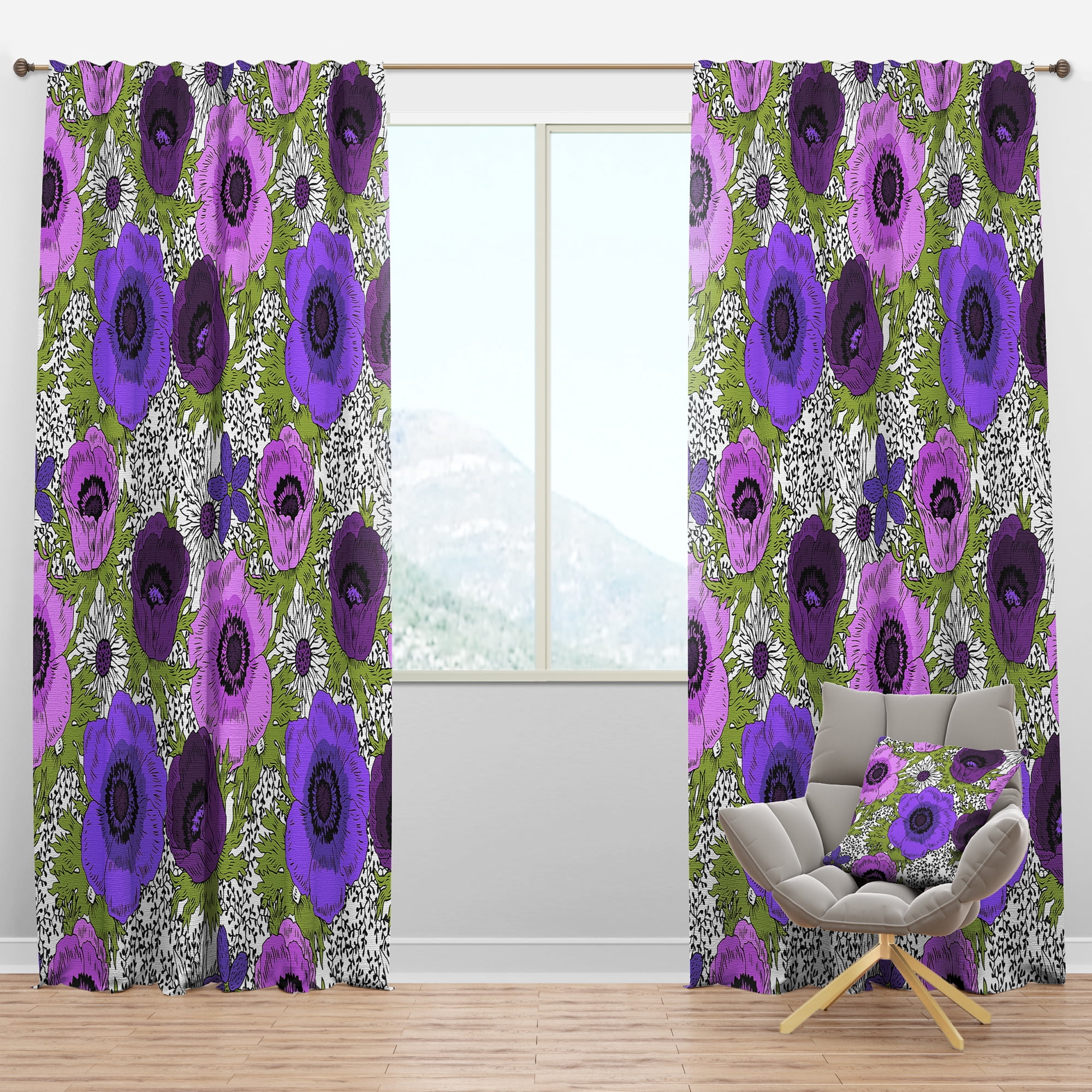 Designart 'Purple Fantasy Flowers Retro Pattern' Mid-Century Modern Blackout Curtain Panel