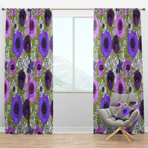 Designart 'Purple Fantasy Flowers Retro Pattern' Mid-Century Modern Blackout Curtain Panel