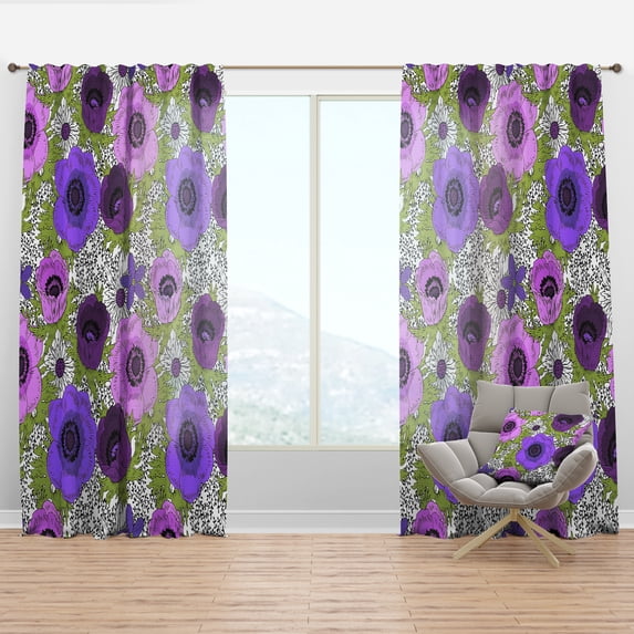Designart 'Purple Fantasy Flowers Retro Pattern' Mid-Century Modern Curtain Panel