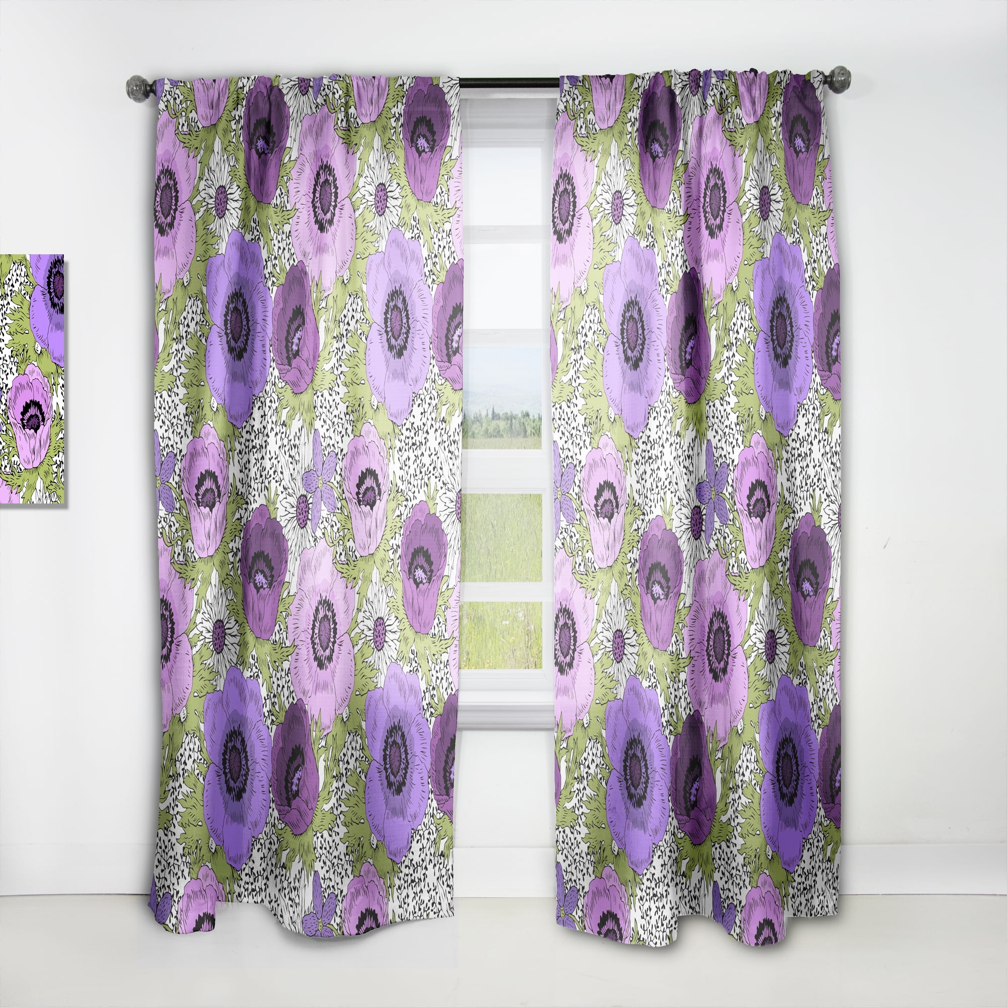 Designart 'Purple Fantasy Flowers Retro Pattern' Mid-Century Modern Curtain Panel