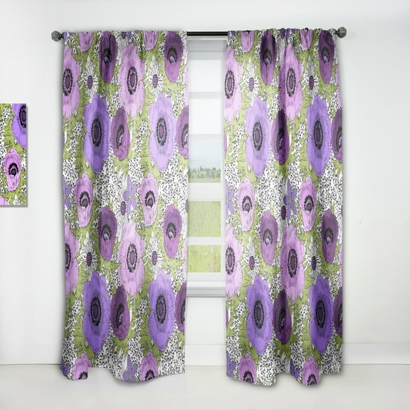 Designart 'Purple Fantasy Flowers Retro Pattern' Mid-Century Modern Curtain Panel