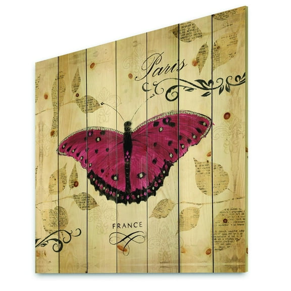 Designart 'Purple Farmhouse Butterfly' Farmhouse Print on Natural Pine Wood