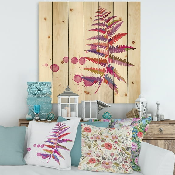 Designart 'Purple Fern With Purple Splash' Farmhouse Print on Natural Pine Wood
