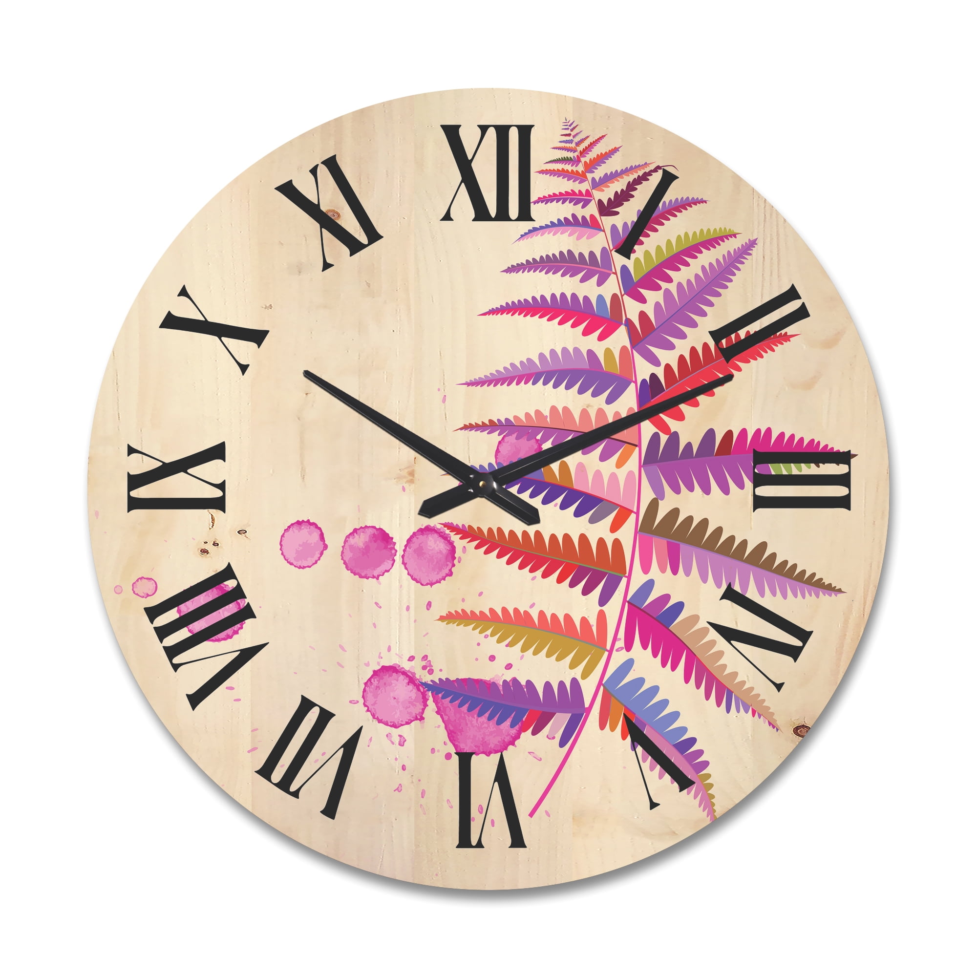 Designart 'Purple Fern With Purple Splash' Farmhouse Wood Wall Clock