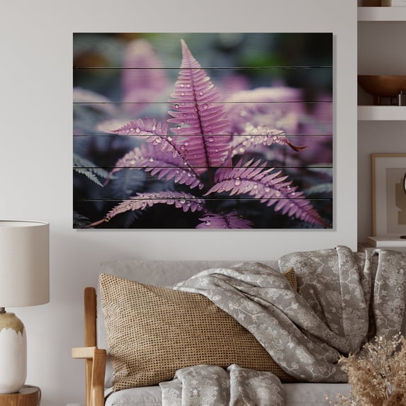 Designart "Purple Ferns Plant delicate Whispers I" Floral Print on Natural Pine Wood