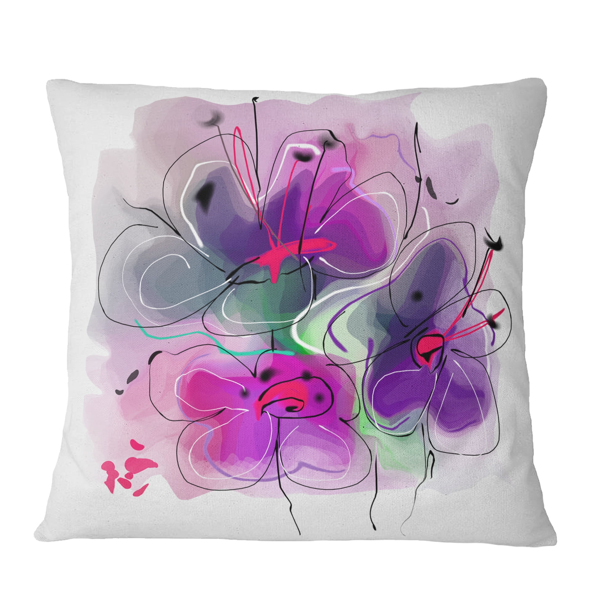 Designart Purple Flower Illustration Sketch - Floral Throw Pillow - 16x16